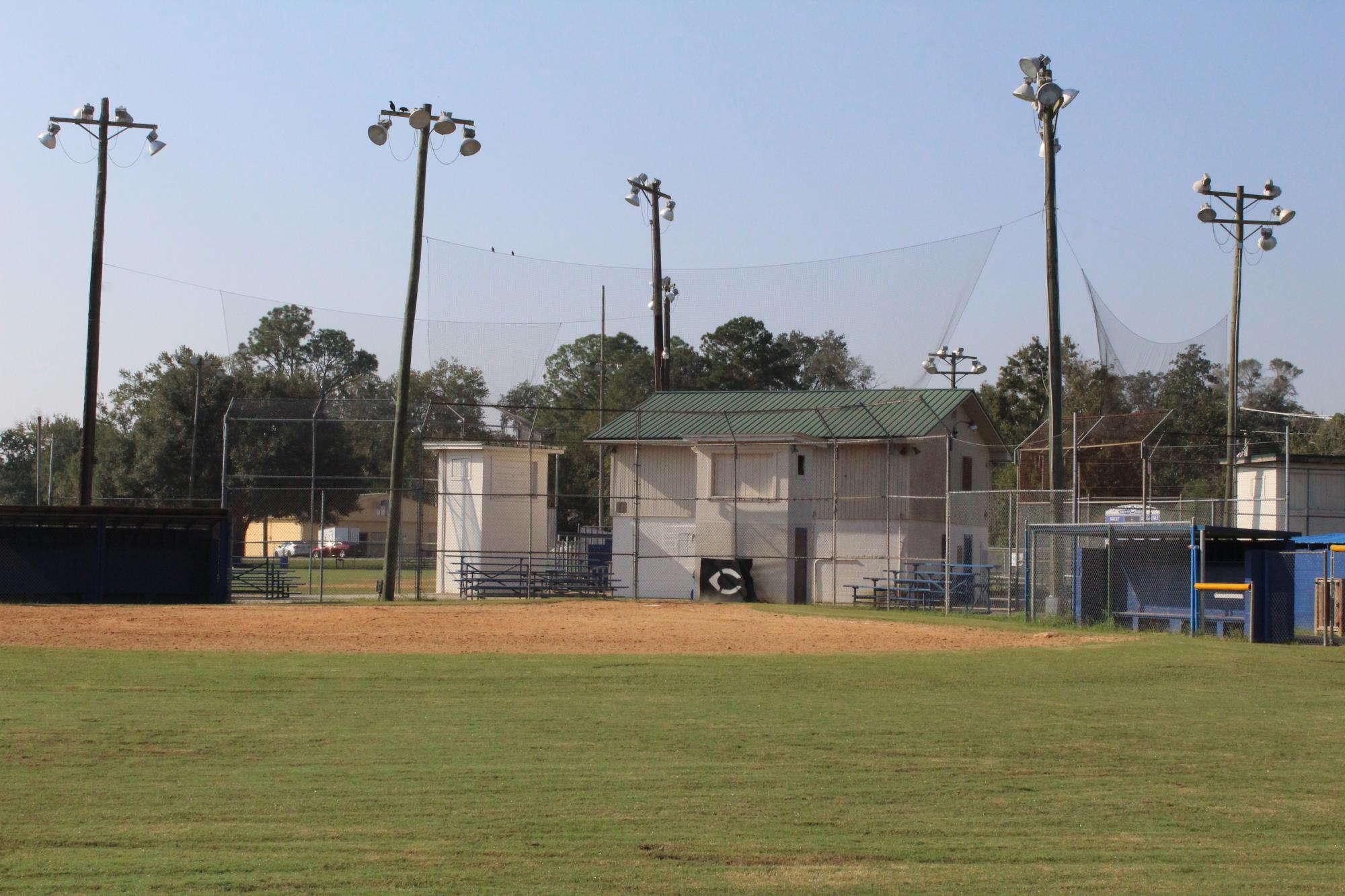 View of the baseball diamond facing home plate from the outfield