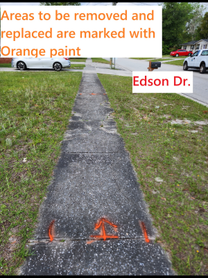 Sidewalk with orange paint indicating removal