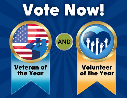 The words Vote Now and below, two ribbons, one that says Volunteer of the Year and one that says Veteran of the Year